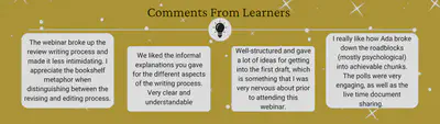 Comments from Learners (left to right): 'The webinar broke up the review writing process and made it less intimidating. I appreciate the bookshelf metaphor when distinguishing between the revising and editing process.'; 'We liked the informal explainations you gave for the different aspects of the writing process. Very clear and understandable.'; 'Well-structured and gave a lot of ideas for getting into the first draft, which is something that I was very nervous about prior to attending this webinar.'; and 'I really like how Ada broke down the roadblocks (mostly psychological) into achieveable chunks. The polls were very engaging, as well as the live time document sharing.'